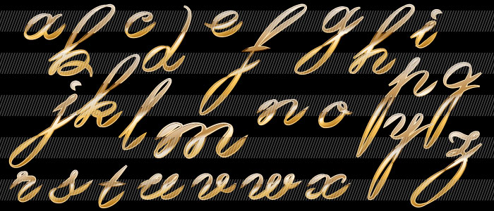 金色の筆記体のアルファベット　小文字
