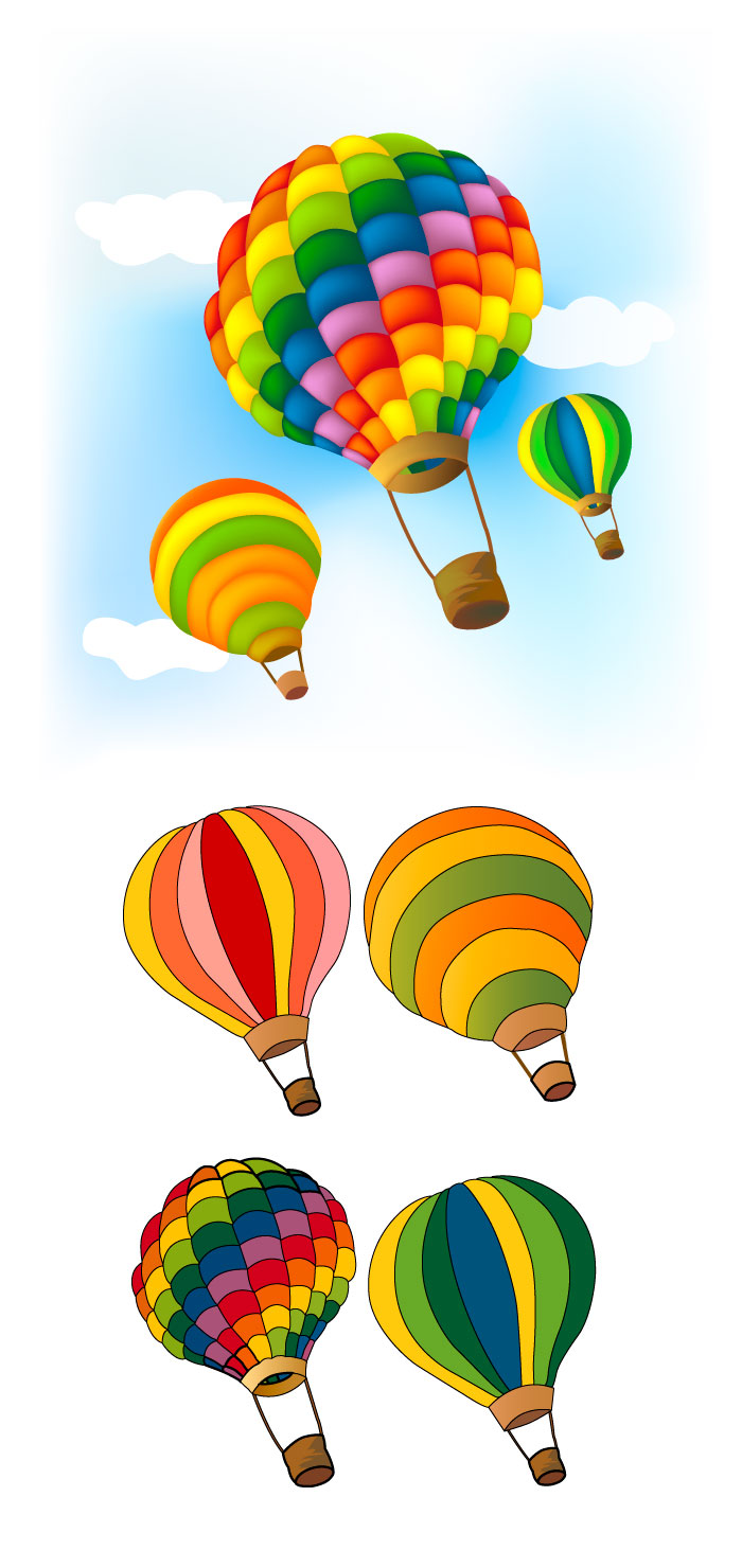今にも飛んでいきそうな気球の無料イラスト素材です。リアルなものと可愛い２種類の気球があります。