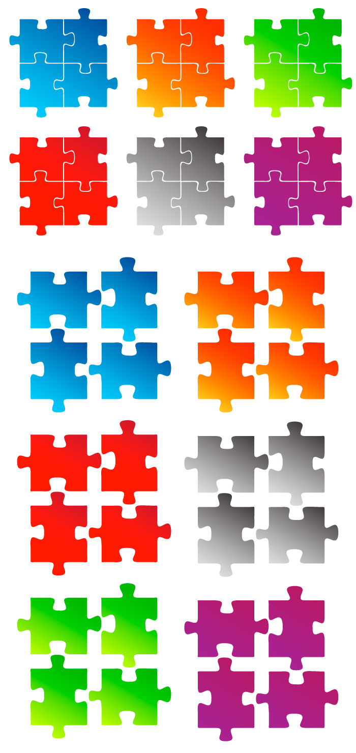パズルのピースの無料イラスト素材です。ピースをお好きな色を組み合わせてご使用下さい。