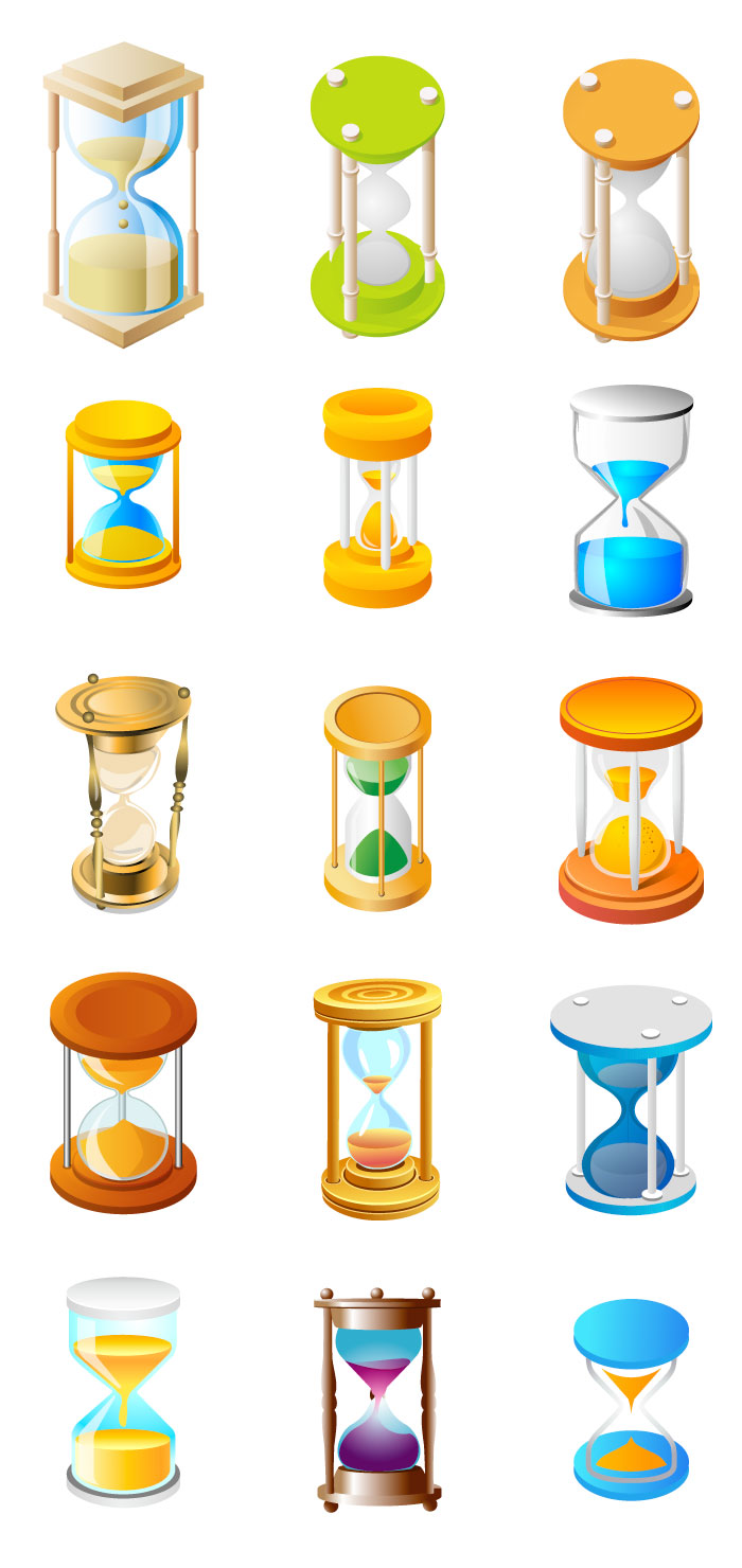 砂時計の無料イラスト素材です。15種類の砂時計がありますのでお好きなイラストをお選び下さい。